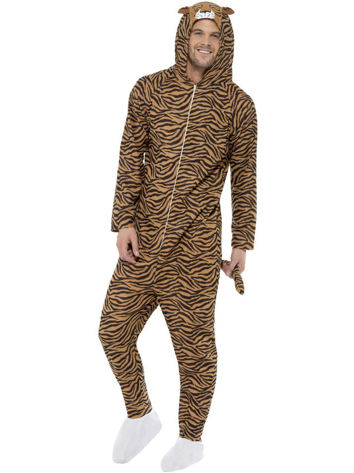 Adult Tiger Costume Orange Black Hooded Jumpsuit With Tail