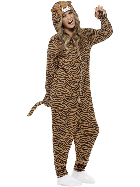 Tiger Costume Orange Black Hooded Jumpsuit with Tail for Adults