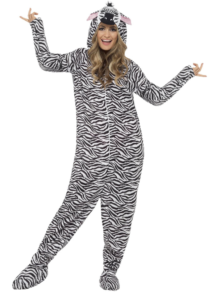 Zebra Costume Black White Hooded Adult Jumpsuit 1