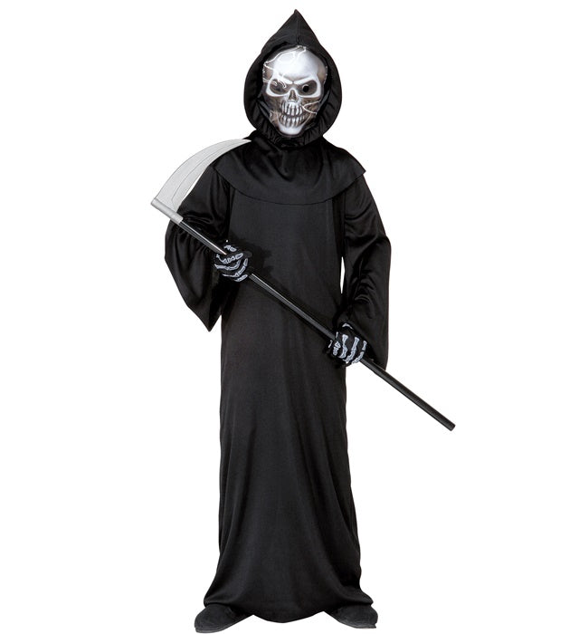 Grim Reaper  Robe, Hooded Holographic Skull Mask, Bone Gloves 