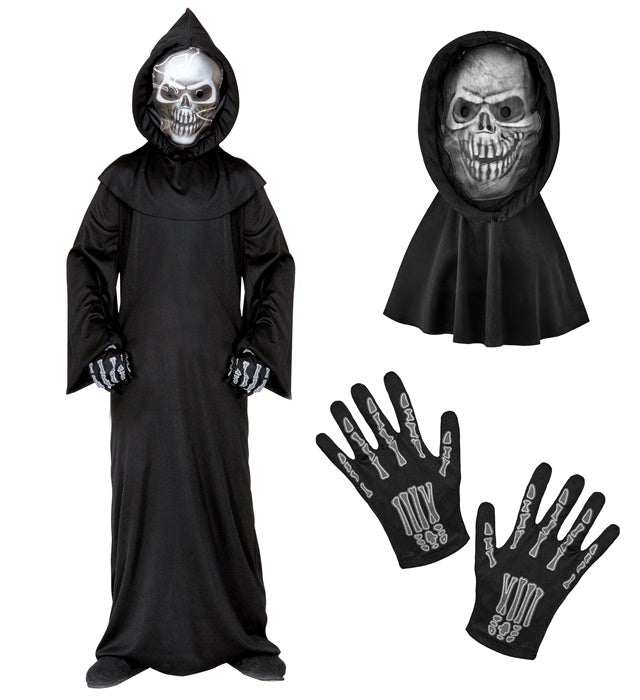 Grim Reaper  Robe, Hooded Holographic Skull Mask, Bone Gloves 