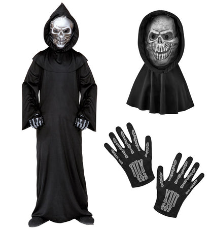 Grim Reaper  Robe, Hooded Holographic Skull Mask, Bone Gloves 