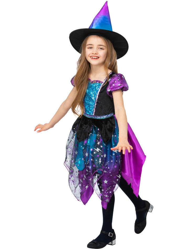 Deluxe Moon and Stars Witch Costume Child Black Pink Turquoise Light Up Dress and Hat 2
