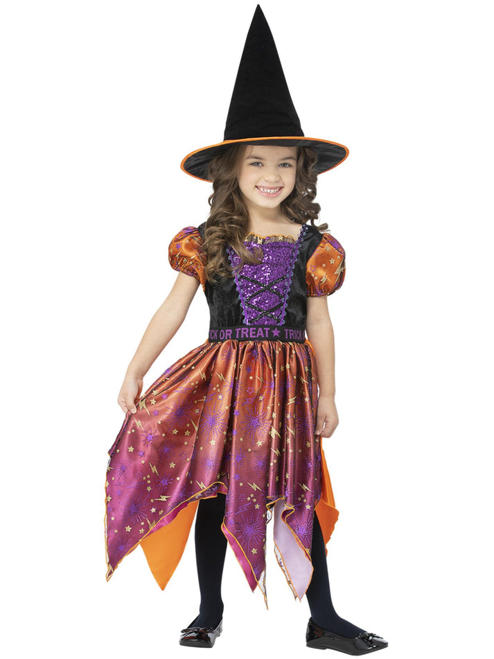 Moon and Stars Witch Costume Childs Black and Orange Dress with Purple Highlights and Matching Hat 3