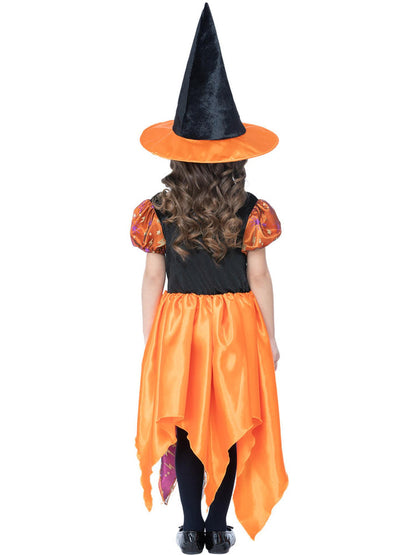 Moon and Stars Witch Costume Childs Black and Orange Dress with Purple Highlights and Matching Hat 4