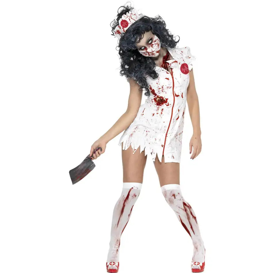 Zombie Nurse Costume Ladies White Dress with Latex Wound Detail 1