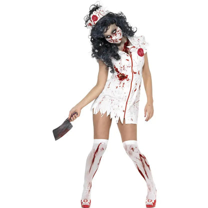 Zombie Nurse Costume Ladies White Dress with Latex Wound Detail 1