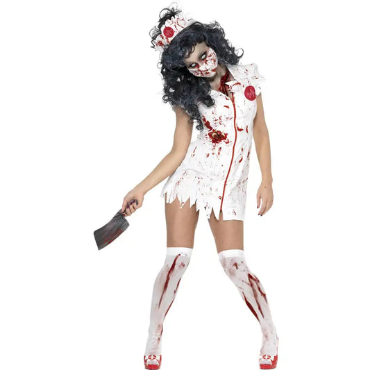 Zombie Nurse Costume Ladies White Dress with Latex Wound Detail 1