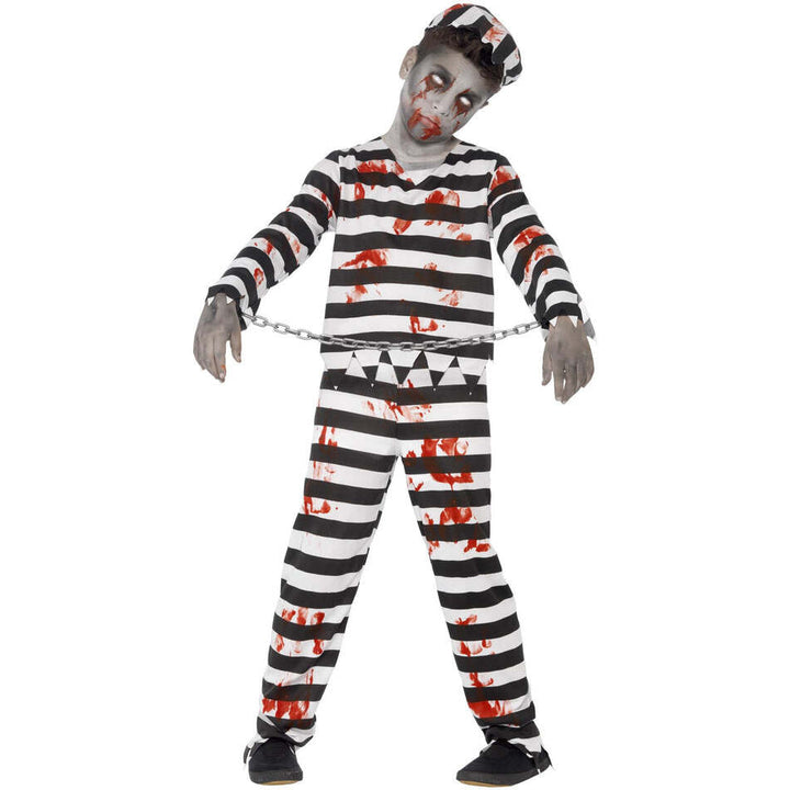 Zombie Convict Costume Kids Black and White Trousers Top Hat and Wrist Cuffs 1