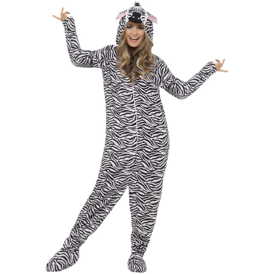 Zebra Costume Black White Hooded Adult Jumpsuit 1
