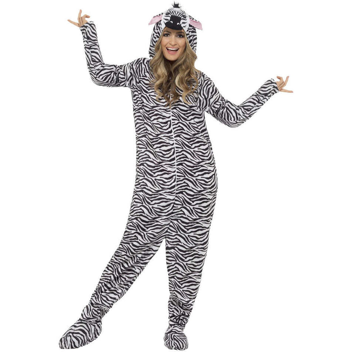 Zebra Costume Black White Hooded Adult Jumpsuit 1
