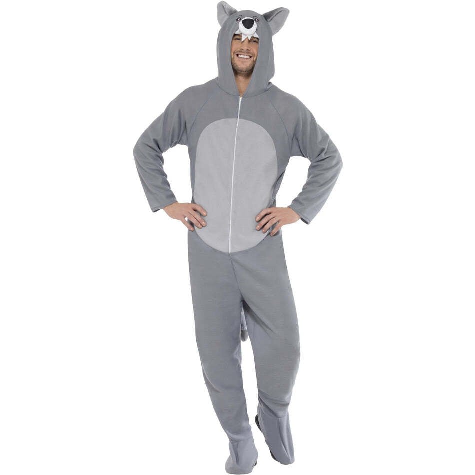 Wolf Costume Adult Grey All In One With Animal Hood 1
