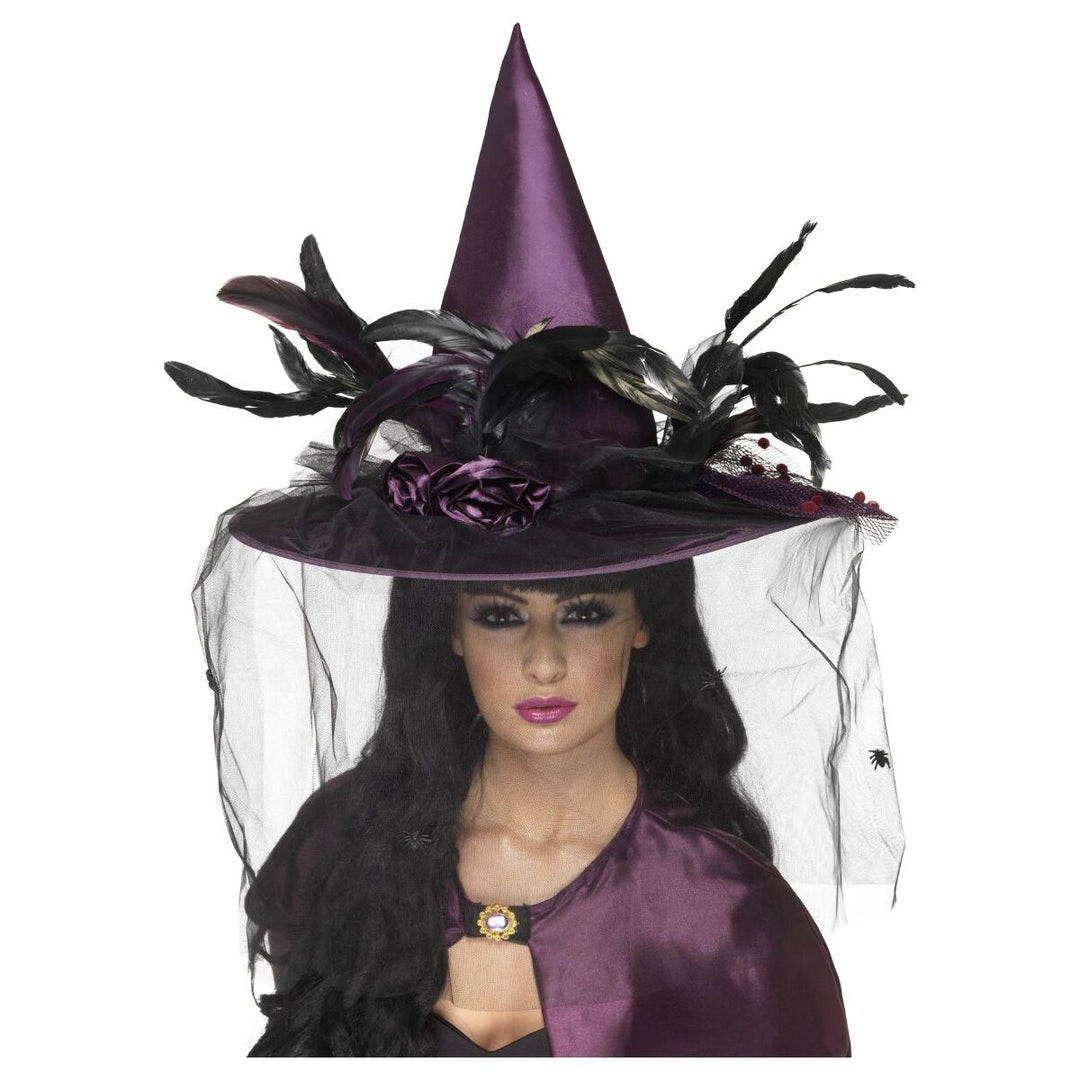 Witch Hat Adult Purple Feathers Netting Halloween Costume 1