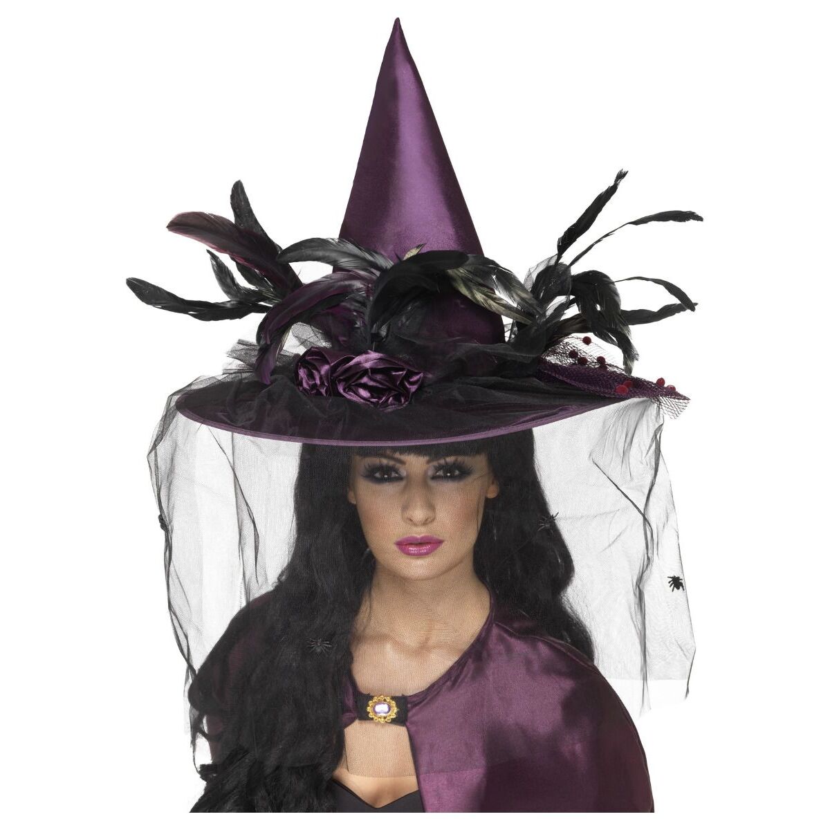 Witch Hat Adult Purple Feathers Netting Halloween Costume 1