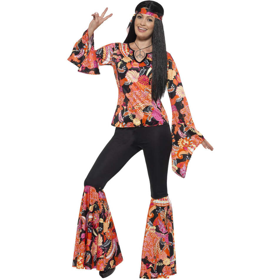 60s Willow The Hippie Costume Multi Coloured Top Trousers Headscarf and Medallion 1