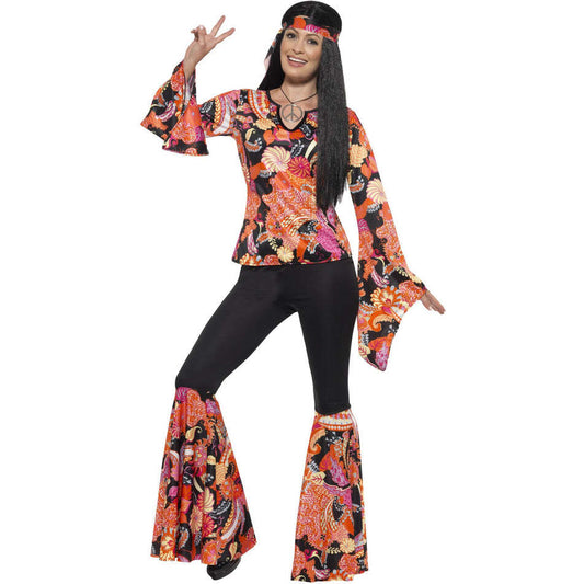 60s Willow The Hippie Costume Multi Coloured Top Trousers Headscarf and Medallion 1