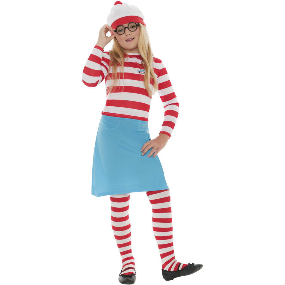 Kids Wheres Wally? Wenda Costume Dress Top Hat Tights and Glasses 1