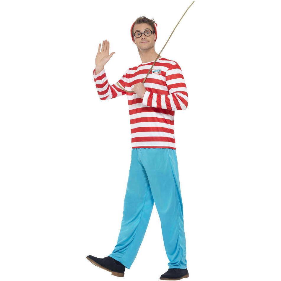 Wheres Wally? Licensed Costume Adult Red White Blue Trousers Top Hat and Glasses 1