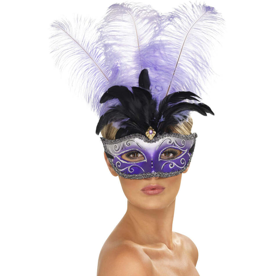 Venetian Colombina Eyemask with Multicolour Plume Adult Purple 1