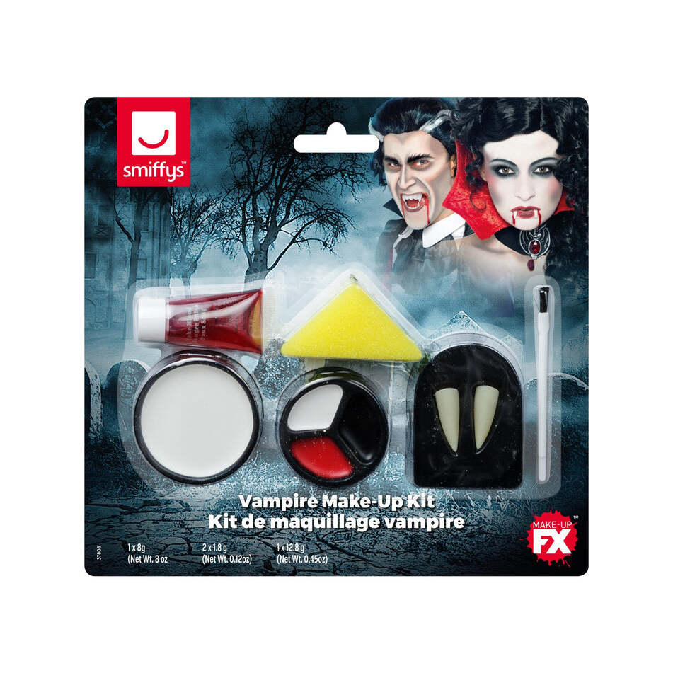 Vampire Make Up Set White Black and Red Facepaint Fangs Adhesive Blood and Applicator 1