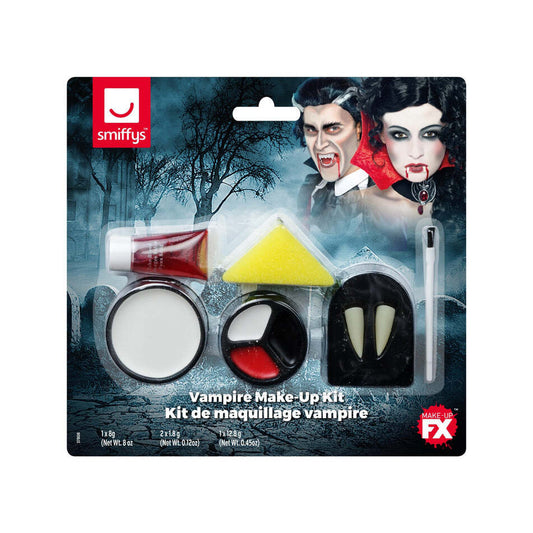 Vampire Make Up Set White Black and Red Facepaint Fangs Adhesive Blood and Applicator 1