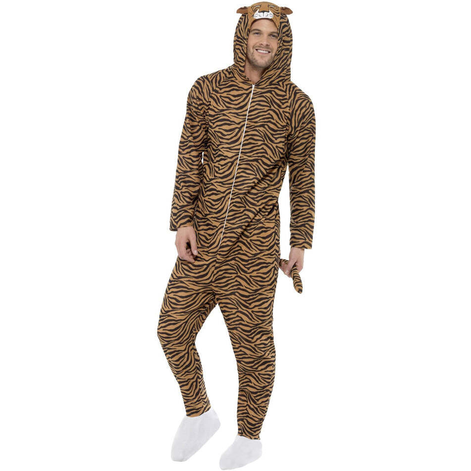 Tiger Costume Orange Black Hooded Jumpsuit with Tail for Adults 1
