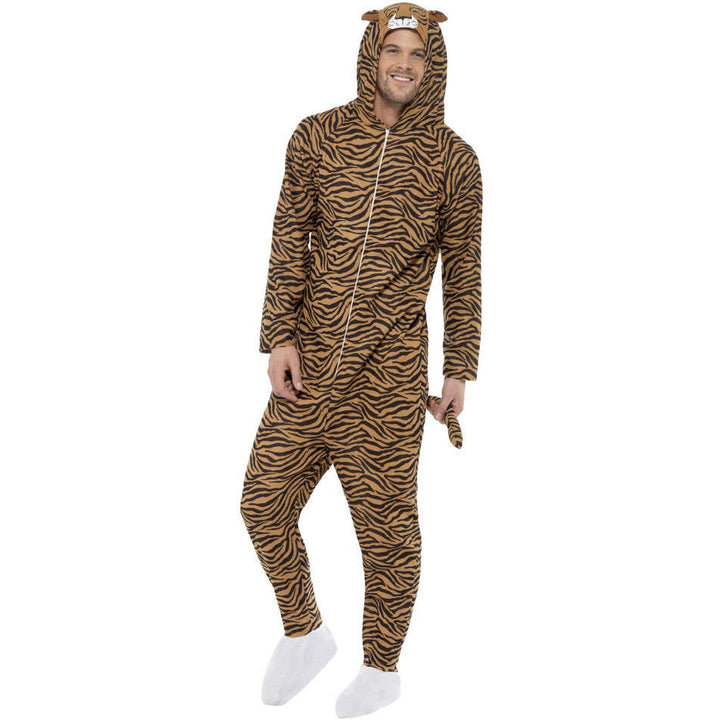 Tiger Costume Orange Black Hooded Jumpsuit with Tail for Adults 1