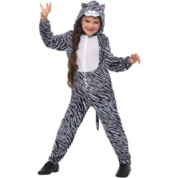 Tabby Cat Costume Kids Grey Hooded Jumpsuit 1