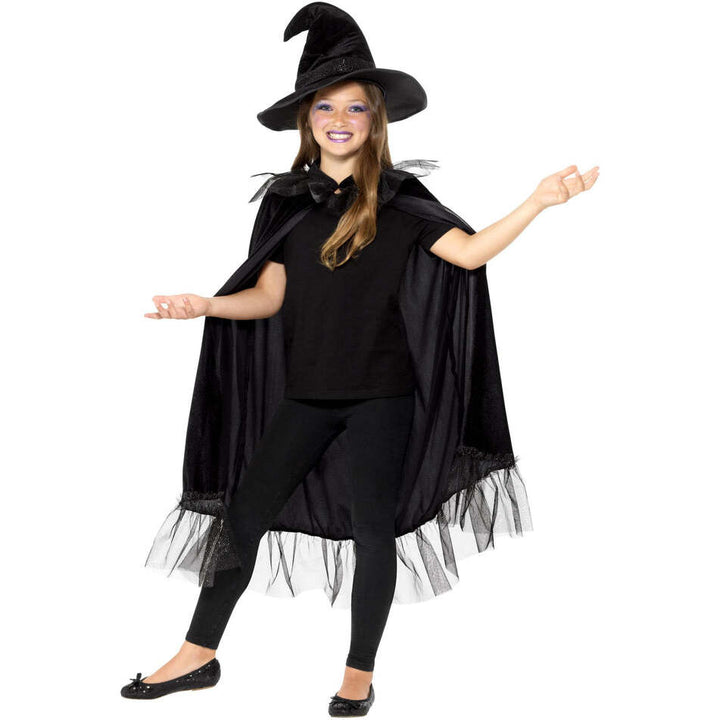 Sparkly Witch Kit Kids Black Sparkly Cloak with Matching Hat 1