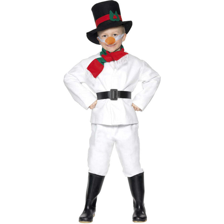 Snowman Costume Kids White Top Trousers Black Hat Scarf Belt and Carrot Nose 1