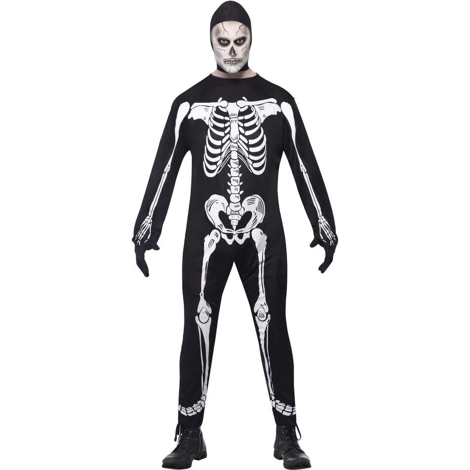 Skeleton Costume Adult Black White Jumpsuit Hood and Gloves 1