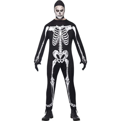 Skeleton Costume Adult Black White Jumpsuit Hood and Gloves 1