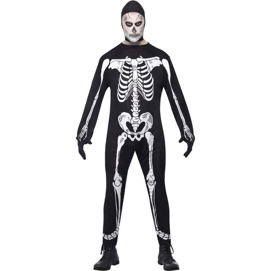 Skeleton Costume Adult Black White Jumpsuit Hood and Gloves 1