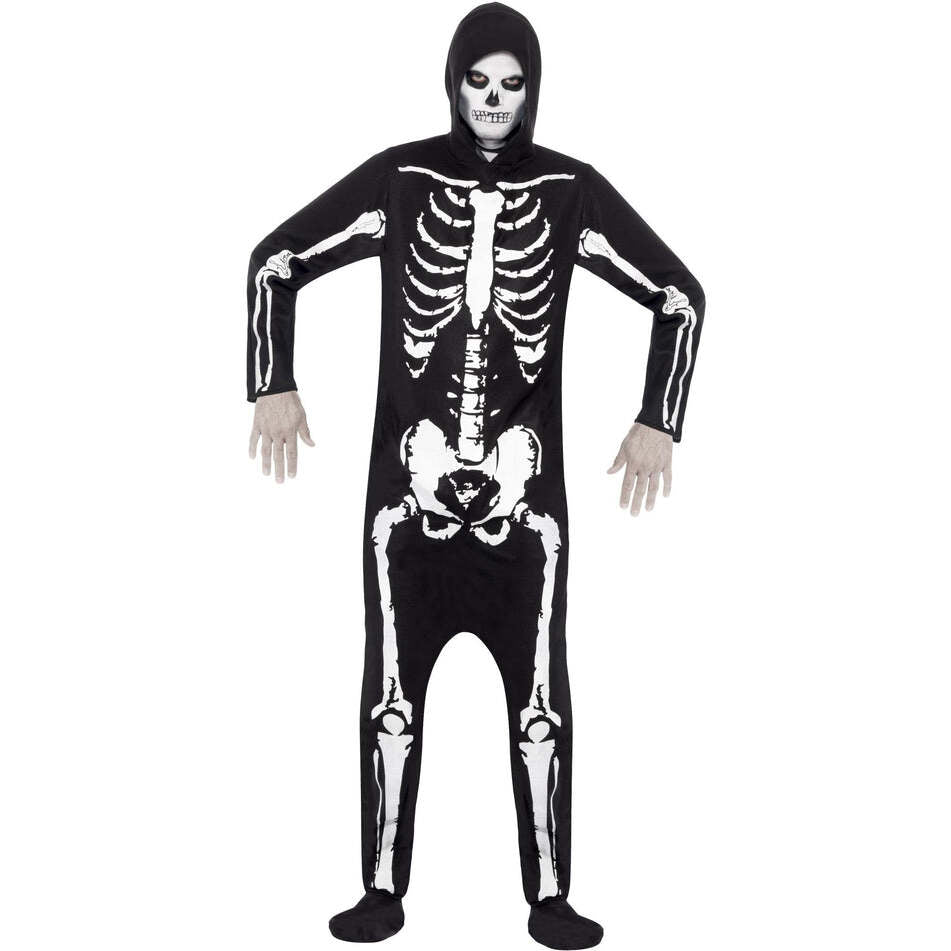 Skeleton Costume Adult Black Hooded All in One 1