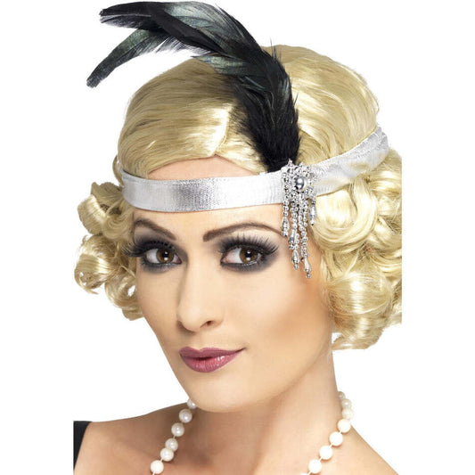 Silver Satin Charleston Headband Black Feather And Jewel Adult Costume Accessory 1