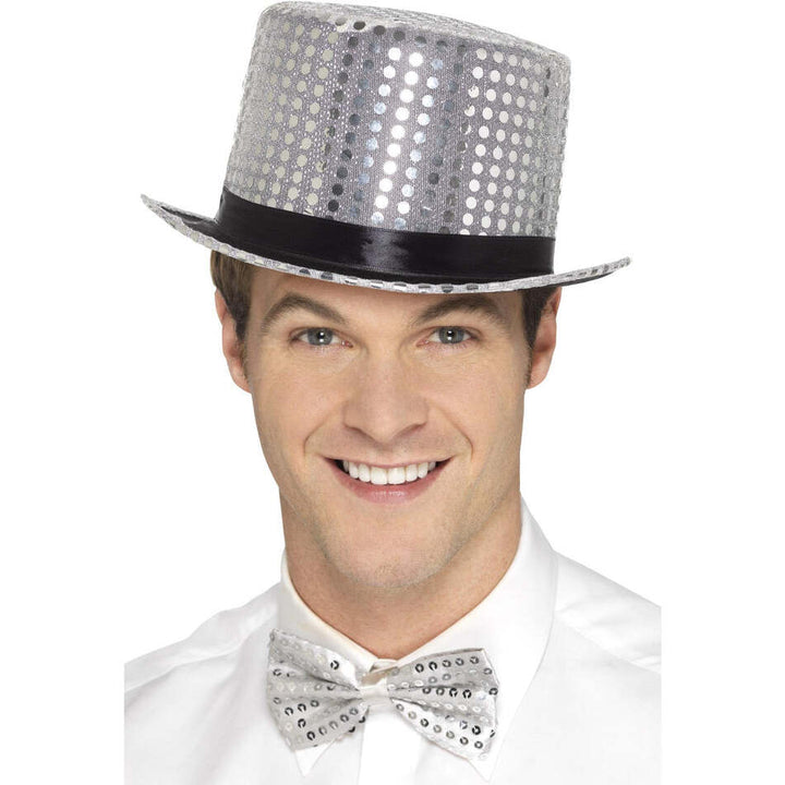 Sequin Top Hat Silver with Elastic Inner Rim Adult Costume Accessory 1