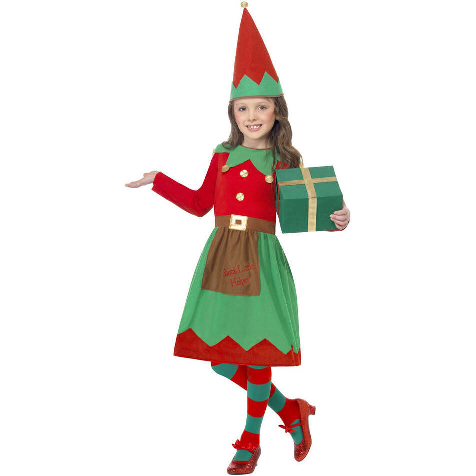 Santas Little Helper Costume Kids Red Green Dress and Hat 1