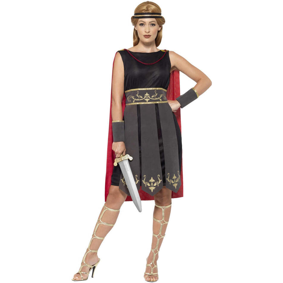 Roman Warrior Costume Adult Black Dress Attached Cape Arm Cuffs Headband 1