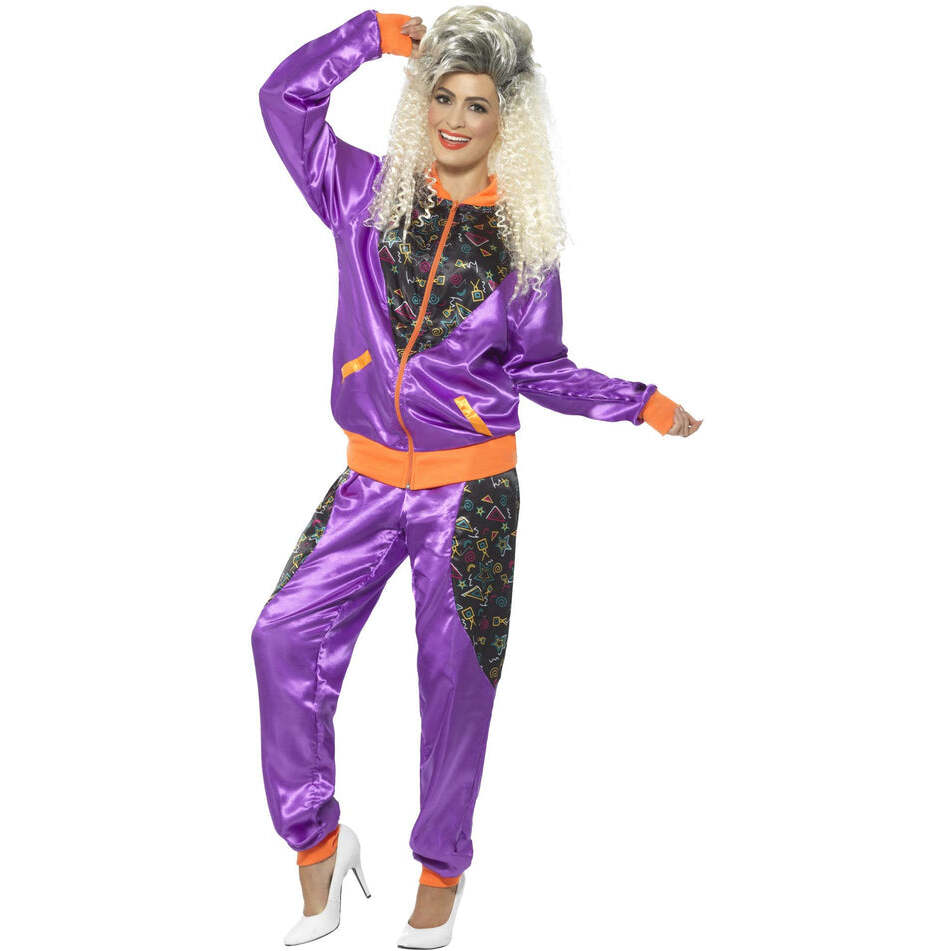 80s Retro Shell Suit Costume Ladies Adult Purple Jacket and Trousers 1