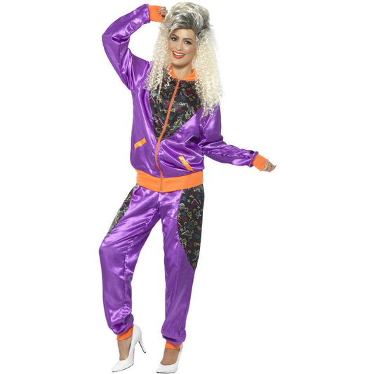 80s Retro Shell Suit Costume Ladies Adult Purple Jacket and Trousers 1