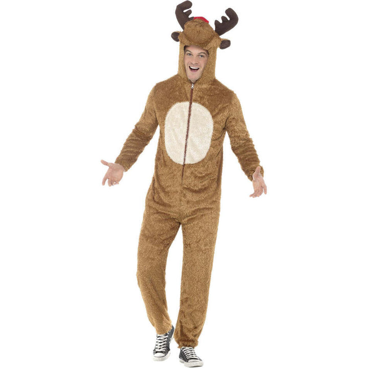 Reindeer Costume Adult Brown White Hooded Jumpsuit with Antlers and Face 1