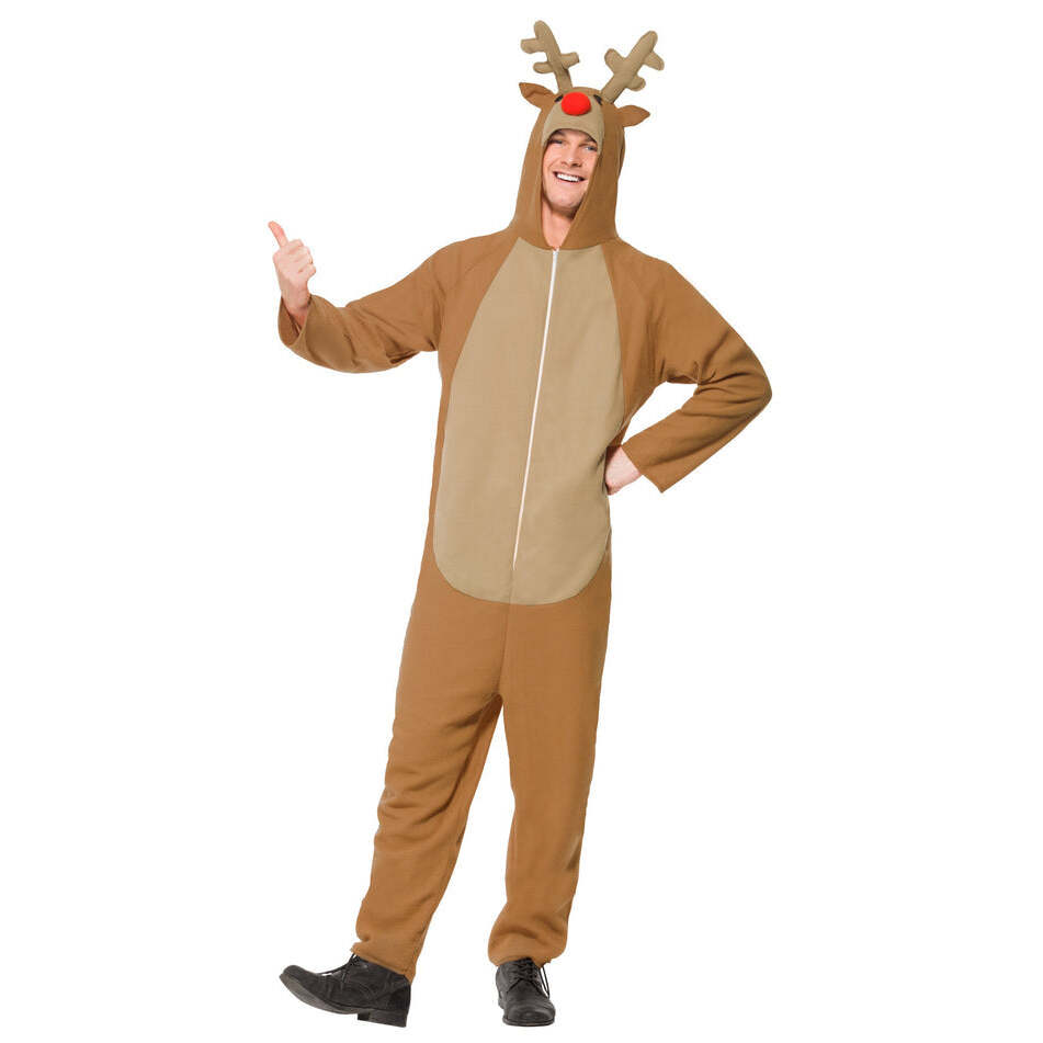 Reindeer Costume Adult Brown All In One With Hood 1