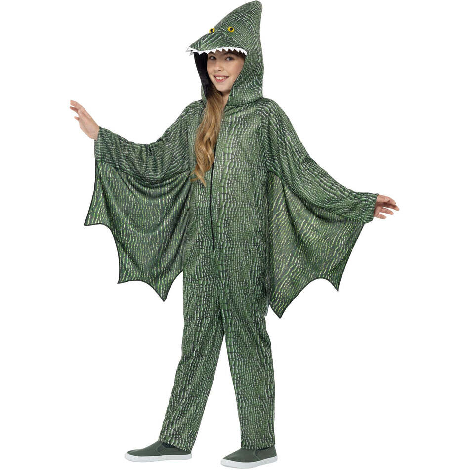 Pterodactyl Dinosaur Costume Kids Green Hooded All In One with Attached Wings 1