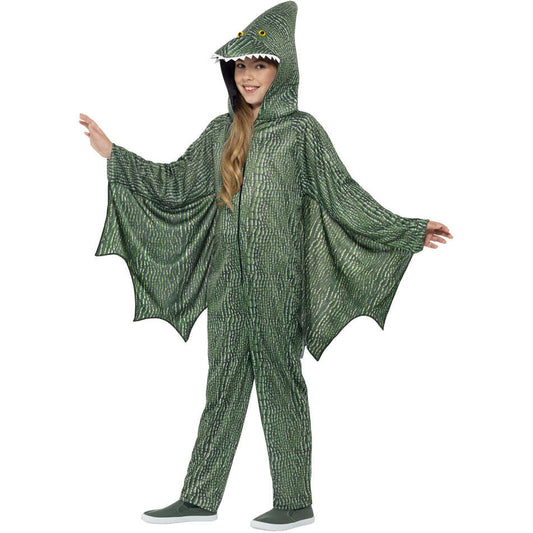 Pterodactyl Dinosaur Costume Kids Green Hooded All In One with Attached Wings 1
