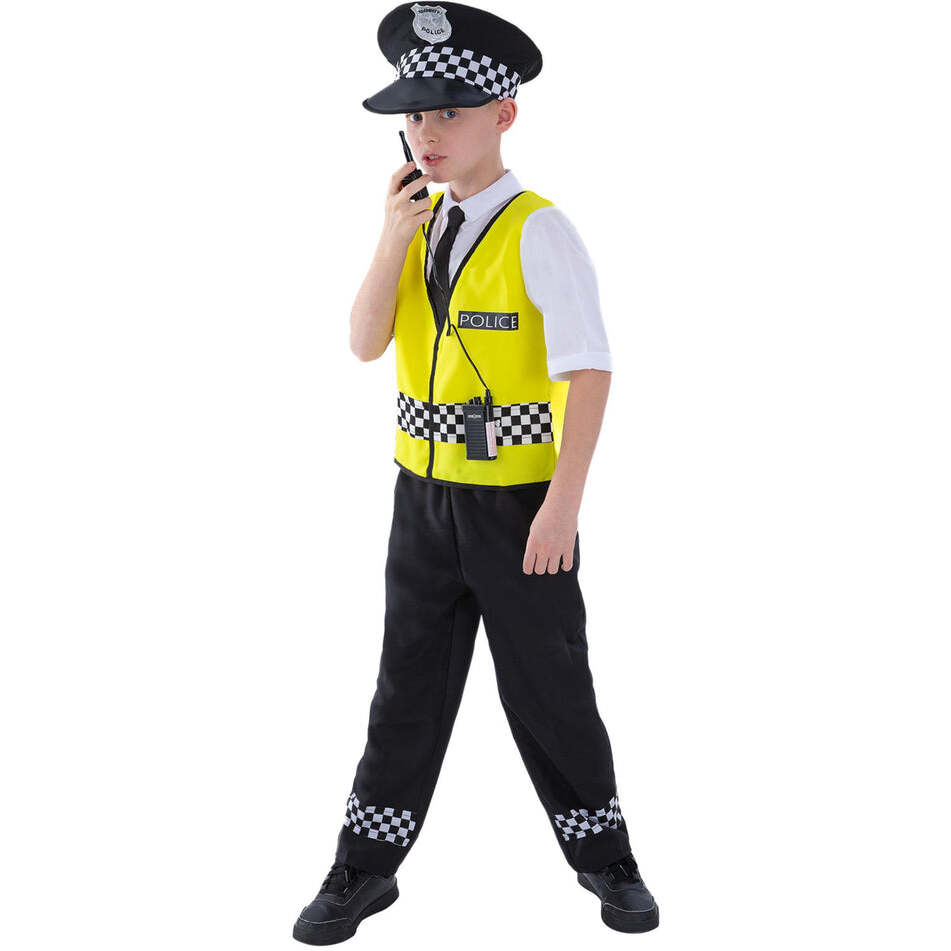 Police Boy Costume Kids Yellow Top Black Trousers Hat and Radio Set 1