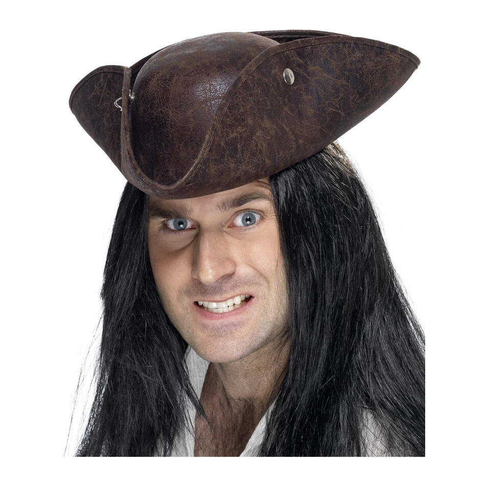 Pirate Tricorn Hat Brown Distressed Leather Look Adult Costume Accessory 1