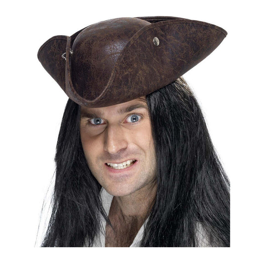 Pirate Tricorn Hat Brown Distressed Leather Look Adult Costume Accessory 1