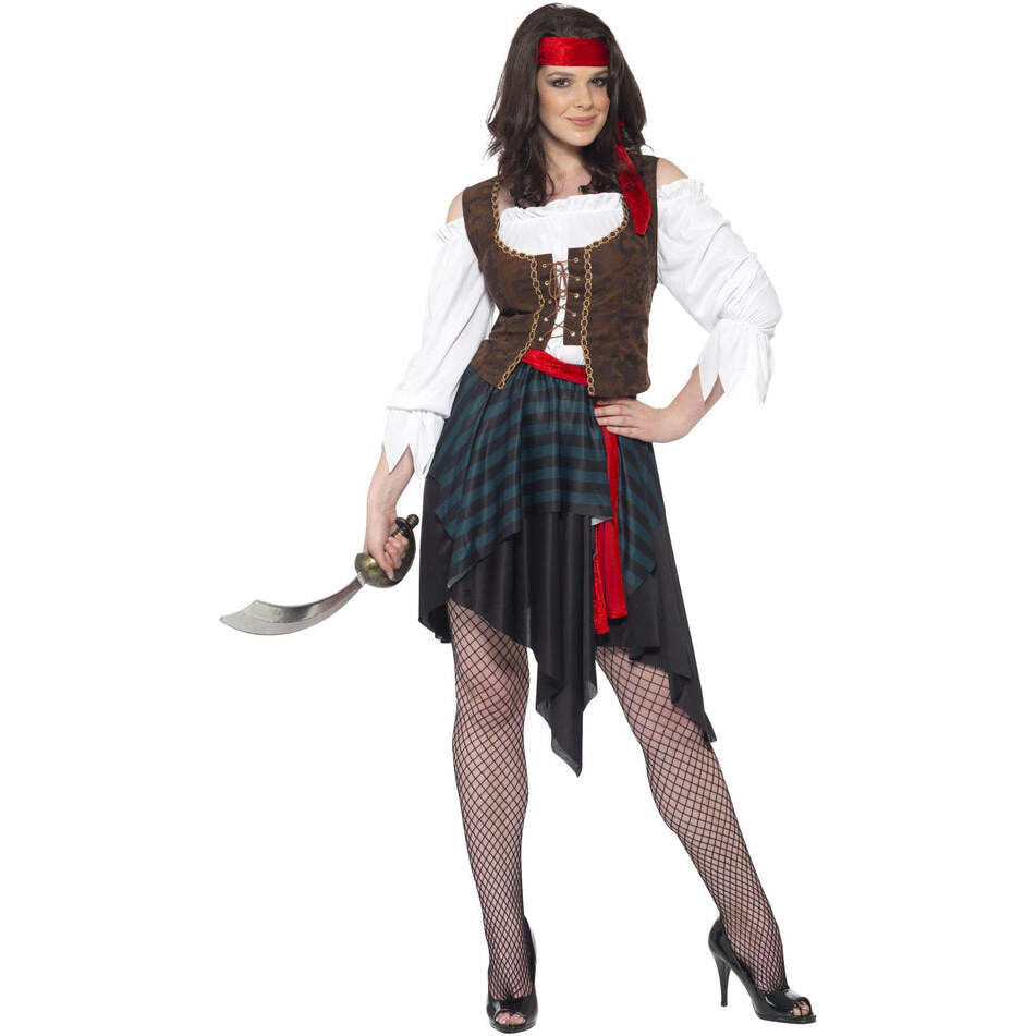 Pirate Lady Costume Adult White Shirt Attached Brown Waistcoat Skirt Belt and Headband 1