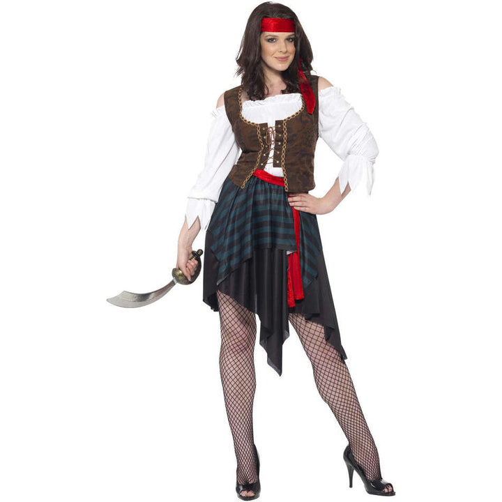 Pirate Lady Costume Adult White Shirt Attached Brown Waistcoat Skirt Belt and Headband 1