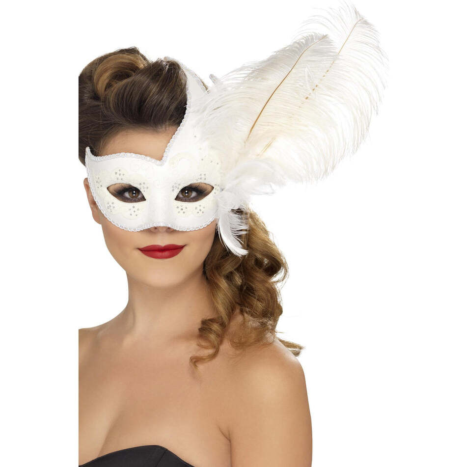 Ornate Columbina Eyemask White with Feather Adult Costume Accessory 1